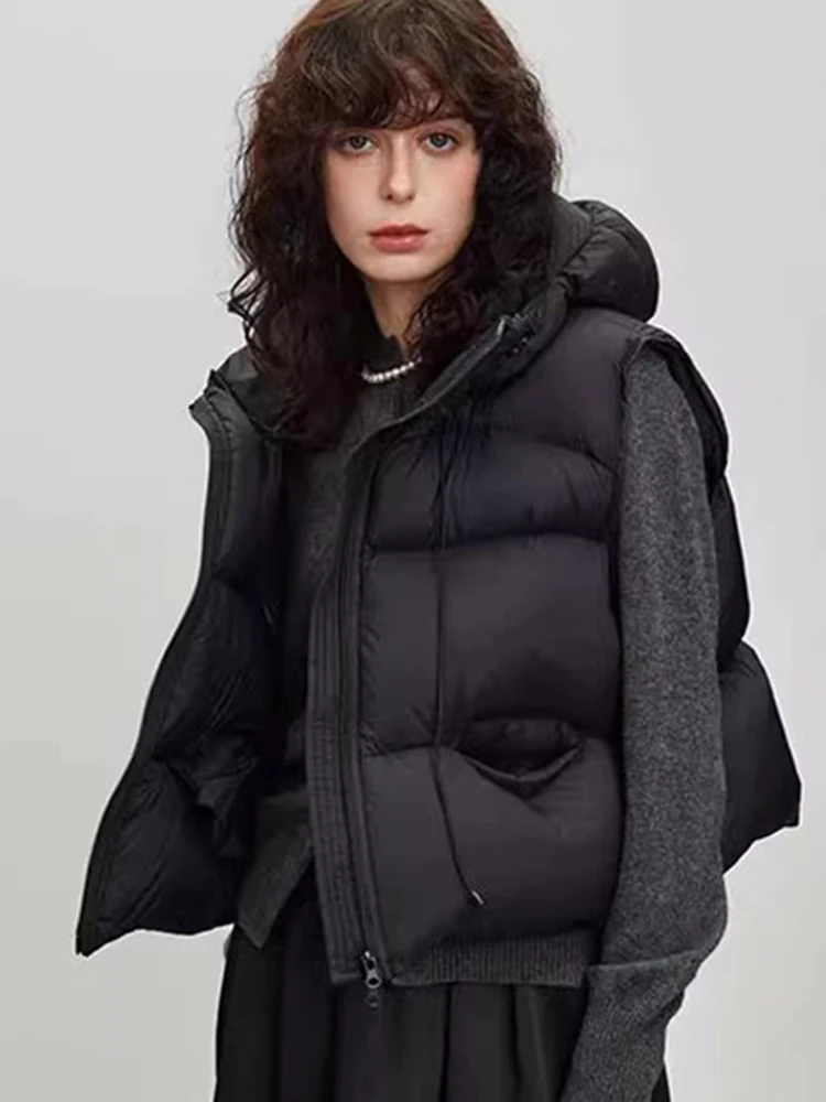 

Zoki Vintage Y2K Puffy Vest Women Loose Sleeveless Warm Winter Cotton Vest Streetwear Casual Retro American Solid Hooded Vest