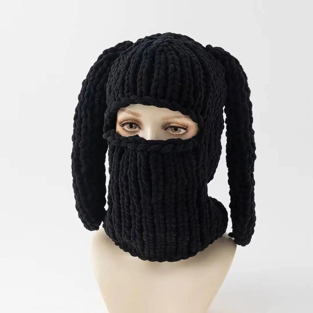 Y2k lange Hasen ohren Hut Winter handgemachte gestrickte lustige Mütze Kappe verdicken warme Voll gesicht Ski maske Abdeckung Sturmhaube für Party – Detail 3