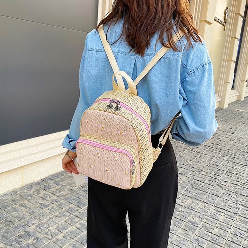 

Bohemian Straw Woven Women's Backpack Fashion Campus Student School Bag Outdoor Travel Beach Backpack