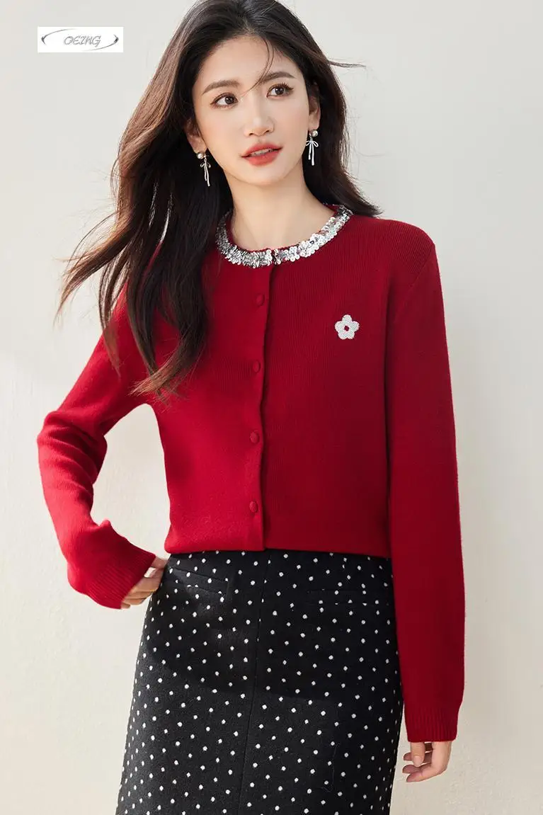 

Women Sequins O-neck Red Sweater Coat New Year Autumn Winter Elegant Single Breasted Loose Knitted Cardigan Knitwear Girl 5193