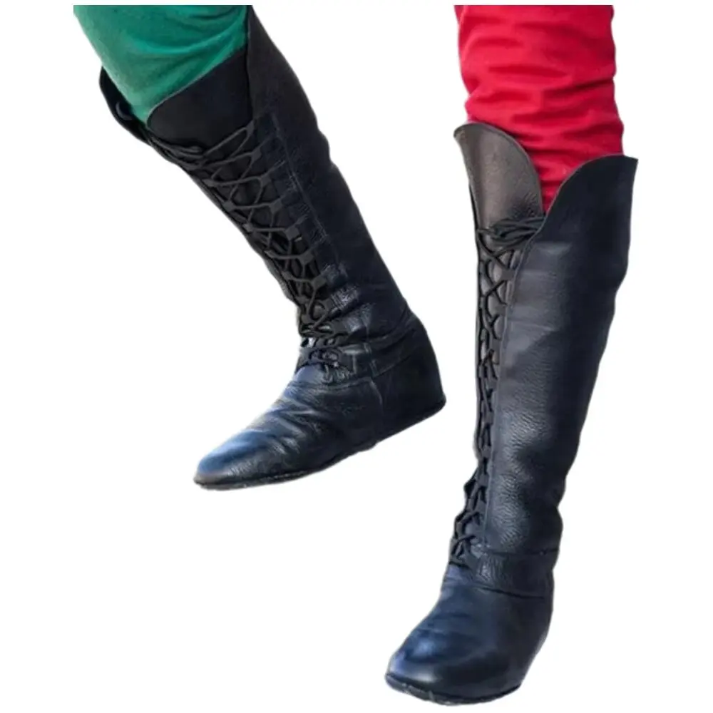 Medieval Retro Round Toe Front Lace Up Flat Knee High Boots Unisex PU Leather Long Boots Men Women Large Size Cosplay Boots