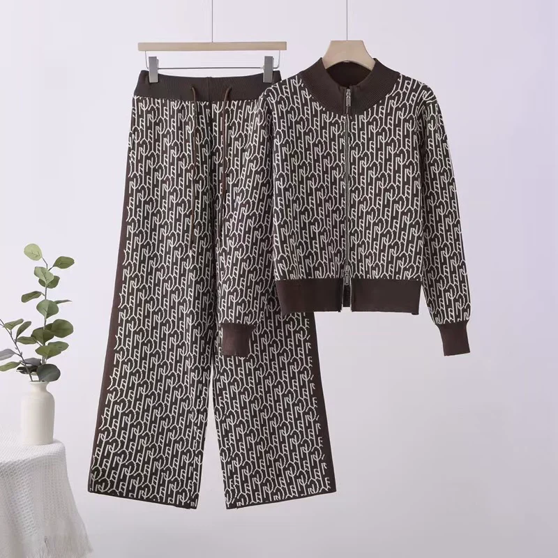 Damskie komplety dzianinowe z nadrukiem, nowe, dwuczęściowe, zapinane na zamek, z dekoltem typu O, sweter z długim rękawem, kardigan, topy, zestawy, spodnie z wysokim stanem.