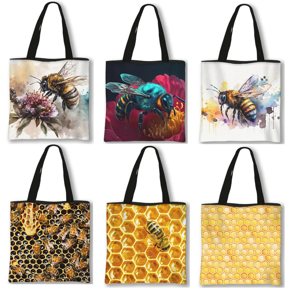 Cute Honeybee Honeycomb Tote Bags Women Portable Shopping Bag Fashion Ladies Reusable Storage Bag Canvas Shopper Bags