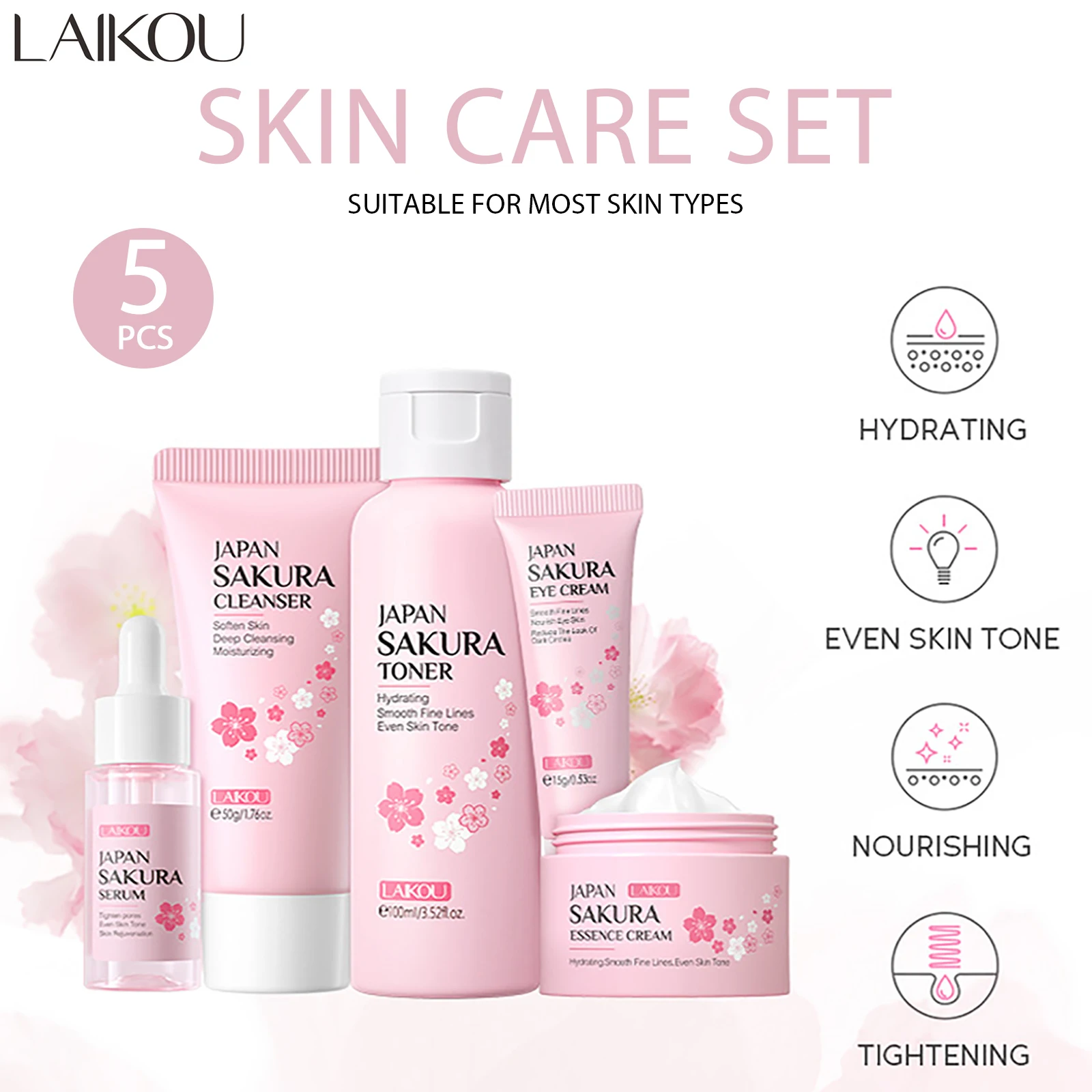 

Набор для ухода за кожей LAIKOU Sakura Nourishing Smooth SkinCare, 5 предметов: сыворотка для лица, увлажняющий крем, тоник, крем для глаз, очищающее средство, контроль жирности, выравнивание и подтягивание кожи