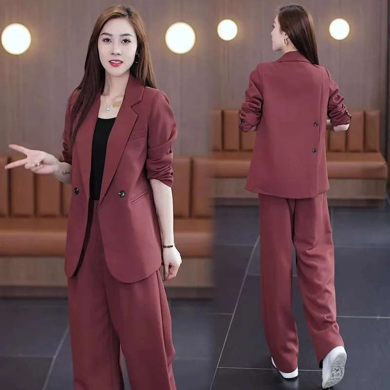 

Woman's Vintage Casual Short Blazer Coat Wide-leg Pants Suit Commuter Solid Color Loose Single-breasted Suit Pants Two-piece Set