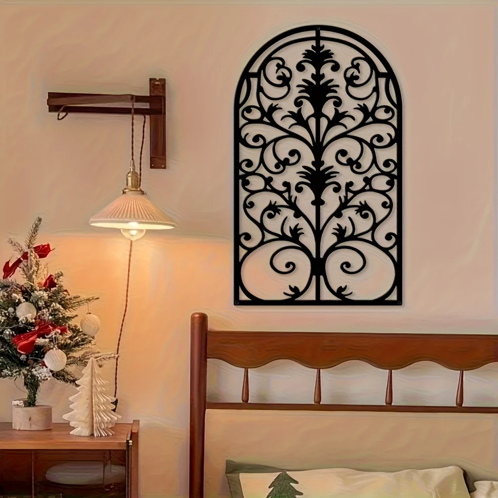 1pc Gothic Arch Metal Wall Art, Ornate Baroque Iron Window Decor with Intricate Scrollwork Floral Motifs, Decorative Privacy Scr