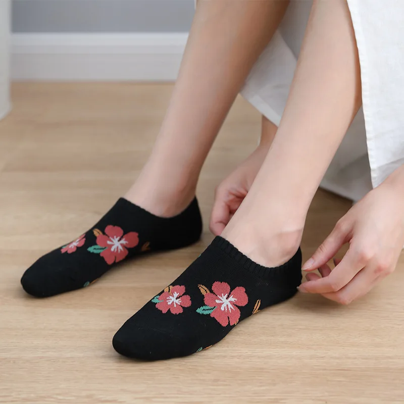 Japanese Kawaii Cute Sock Slippers Women Cotton Invisible No Show Socks Floral Print Silicone Anti-slip Low Cut Ankle Boat Socks