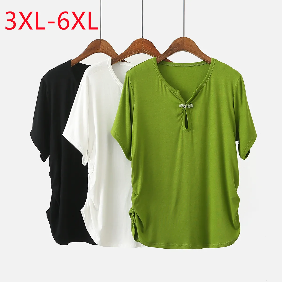 New 2023 Ladies Spring Summer Plus Size Blouse For Women Large Size Short Sleeve V-neck Green Shirt 3XL 4XL 5XL 6XL