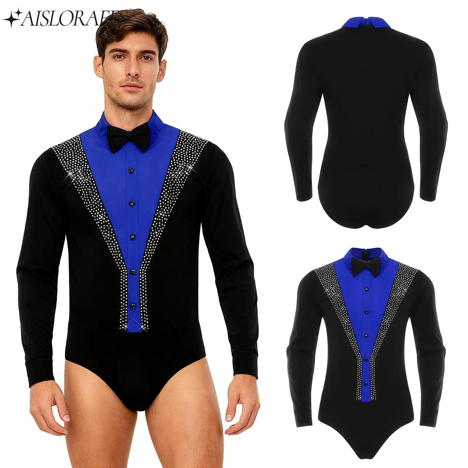 

Mens Ballet Gymnastics Leotard Professional Latin Dancing Costume Long Sleeve Rhinestone Bodysuit with Bowtie for Figure Skating