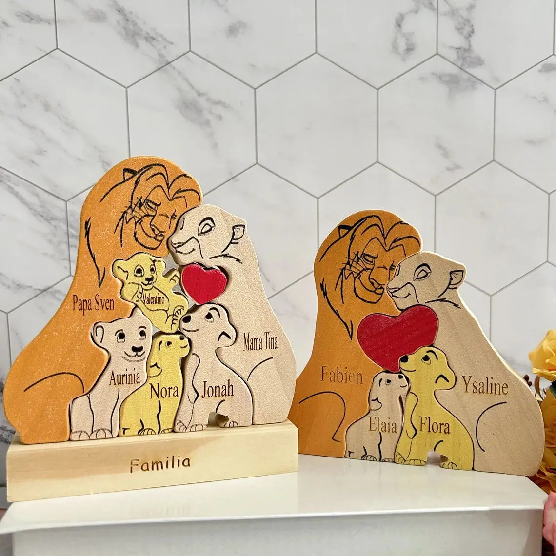 Custom Lion Family Puzzle Wooden Figurines Personalized Desk Decor Lion Wooden Puzzle Customized Name Birthday Keepsake Gift