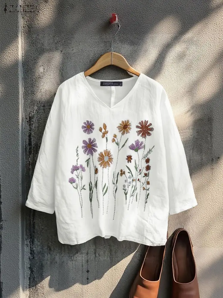 

ZANZEA Women Cotton Blouses Embroidered Floral Casual Woman Tops V-Neck 3/4 Sleeve Loose Clothes Fall 2025 Everyday Wear S-3XL