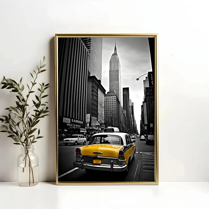 الأصفر تاكسي مدينة نيويورك لشبونة ريترو الترام البرتغال الكلاسيكية سيارة المشارك أبيض وأسود قماش اللوحة طباعة جدار غرفة المعيشة ديكور المنزل