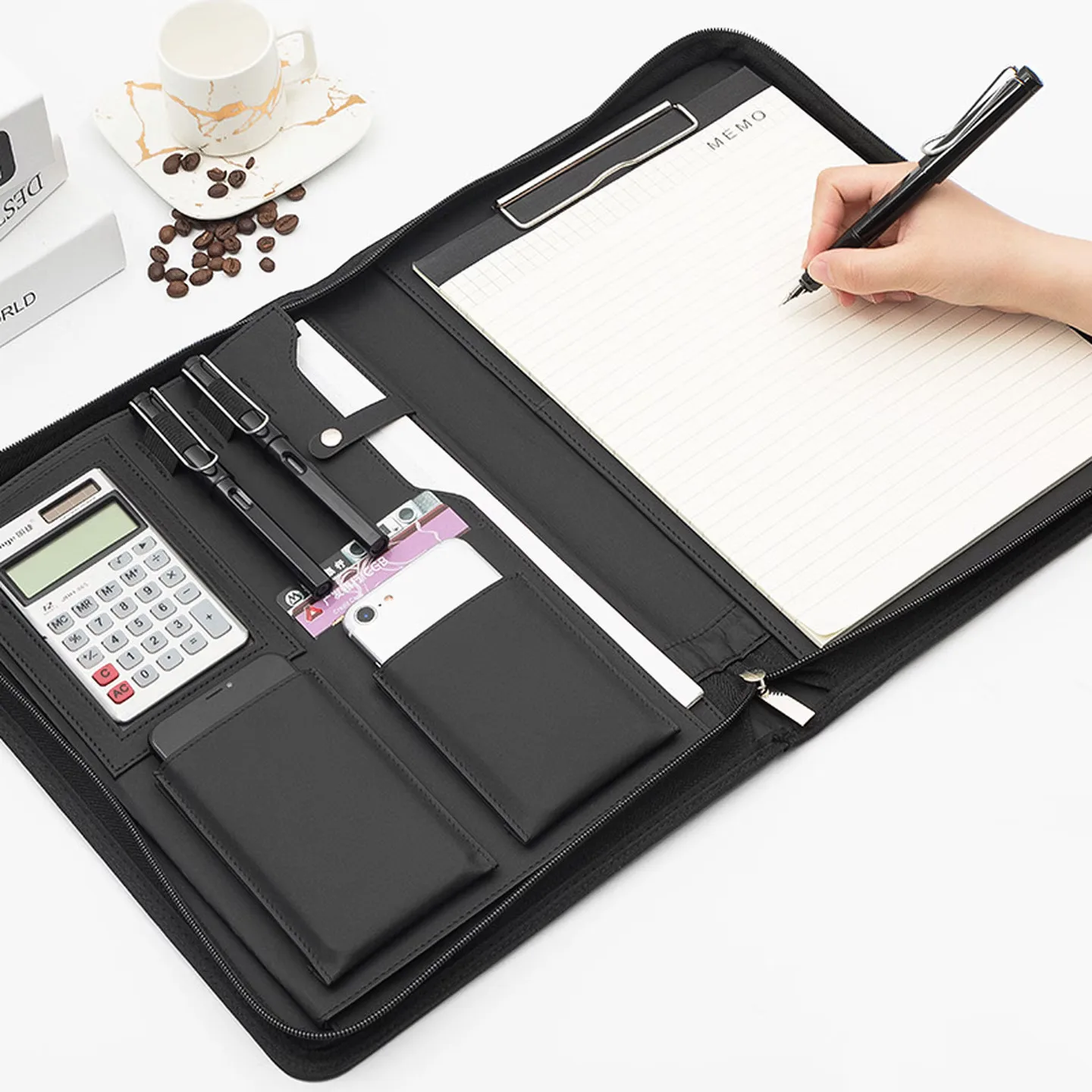 University A4 Leather Business Portfolio File Folder for Documents Organizer Zippered Executive Writing Folder Man Office