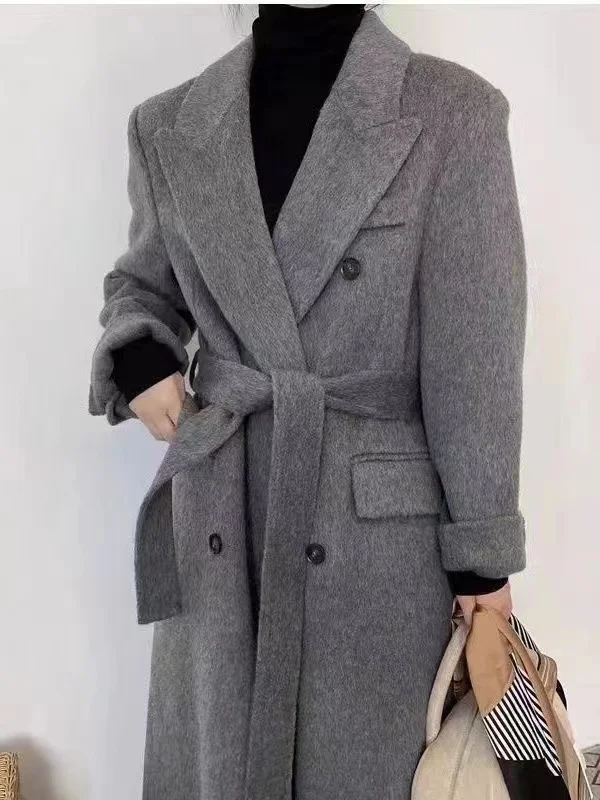 Women 2024 Winter Gray Thick Woolen Coats With Button Loose Long Sleeves Pocket Ladies Elegant OverCoat