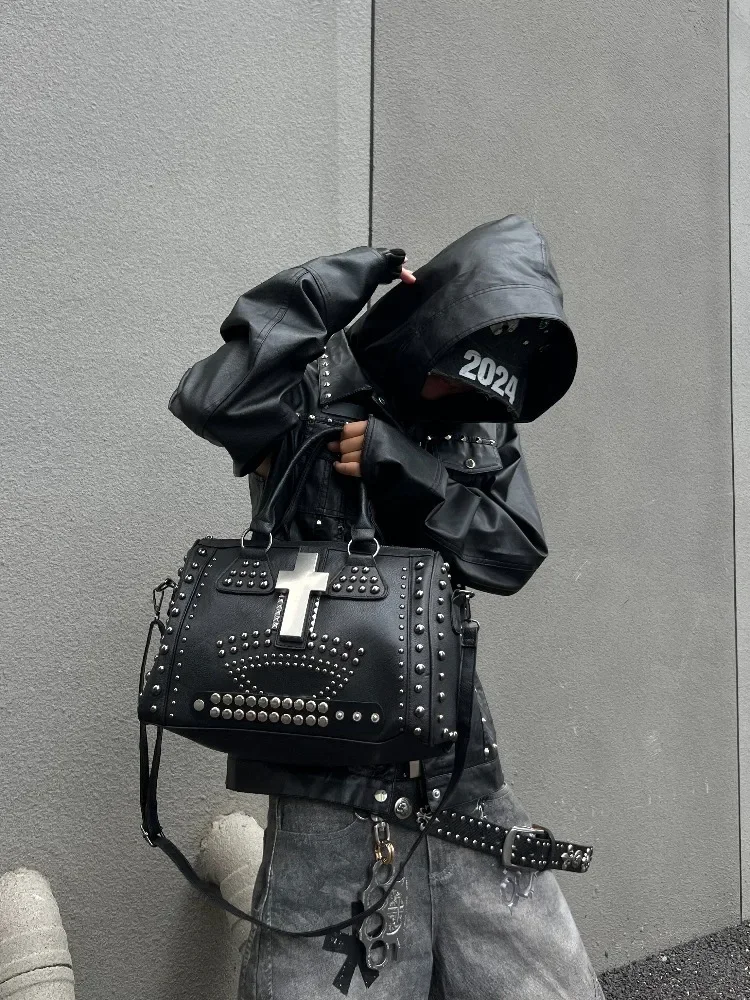 Yabi Sweet Cool Messenger Bag Original Y2K Black Cross Rivet American Punk Retro Handbag