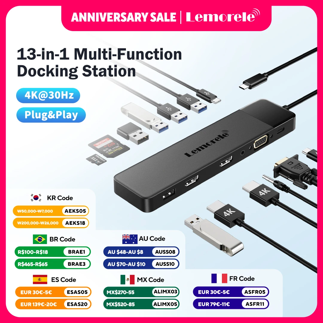 Lemorele USB C HUB 13-in-1 Docking Station 4K30Hz HDMI USB3.0 PD100W RJ45 VGA SDTF USB Splitter for Laptop Macbook Pro Air iPad