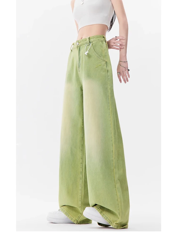 Light Green Harajuku Vintage High Waist Loose Jeans Pants Streetwear Style Women\'s Y2K Wide Leg Baggy Denim Trouser