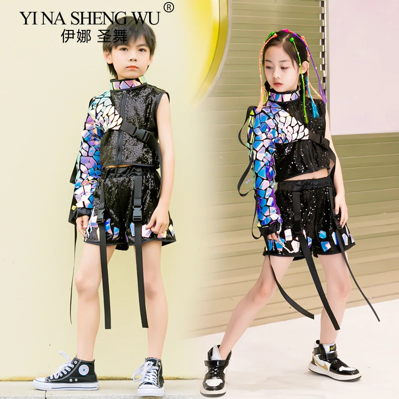 Mode Jongens Meisjes Catwalk Show Outfit Jazzdans Kostuum Moderne Street Dance Kinderen Hip Hop Kids Prestaties Pailletten Set