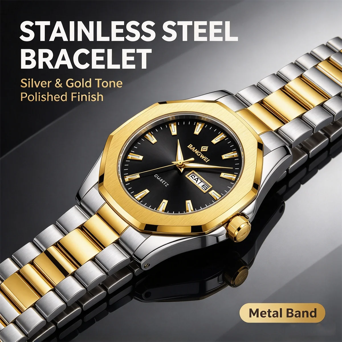 BANGWEI Fashion Men's Quartz Watch Stainless Steel Waterproof Luminous Man Watch Chronograph Date Watches For Men Reloj