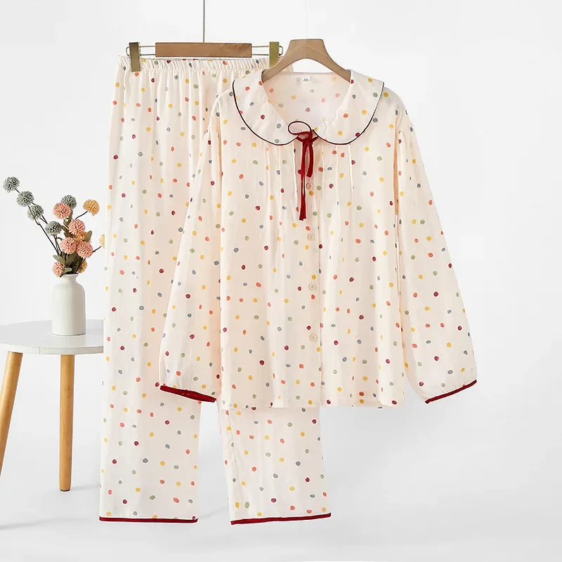 

2023 весна/лето, женские пижамы с длинными рукавами, брюки из 2 предметов, креп из 100% хлопка, женская одежда для дома, одежда для сна, женская домашняя одежда для сна