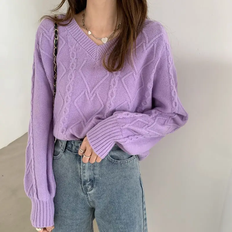 Pullovers Women V-neck Autumn New Knitted Vintage Solid Casual French Style Female Tender All-match Loose Chic Warm Clothing Ins