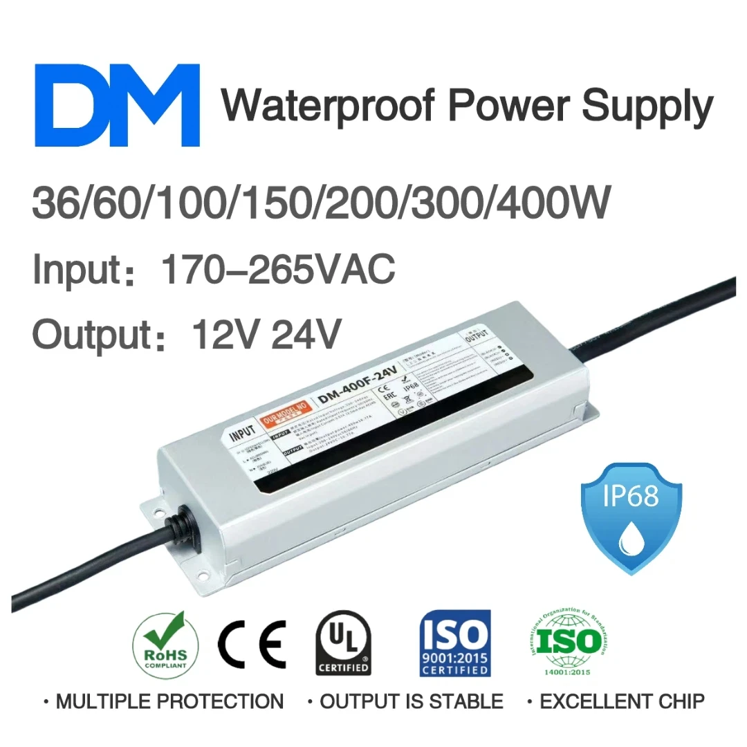 

AC170-265V to DC 12V/24V 36W 60W 100W 150W 200W 300W400W IP68 Waterproof Switching Power Supply 100% Power Load LED Light Driver