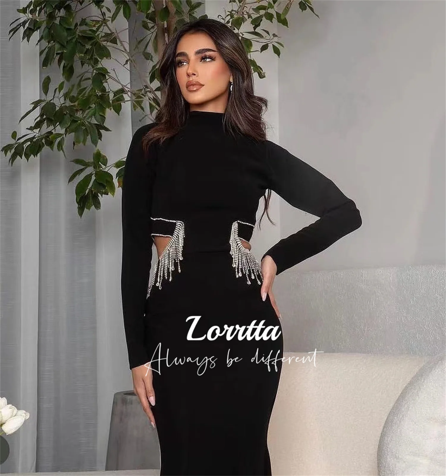 Women's black evening dress with hollow tassels long-sleeve floor-length fishtail dress sexy Customized elegant evening dress