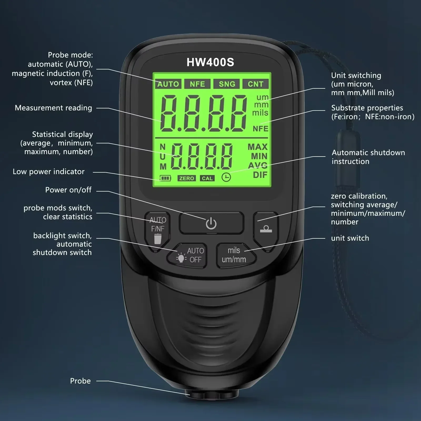 0-2000UM Digital Coating Tester Meter Resolution 1um FE/NFE Paint Measuring Meter Automotive Paint Meter Universal Coating Test