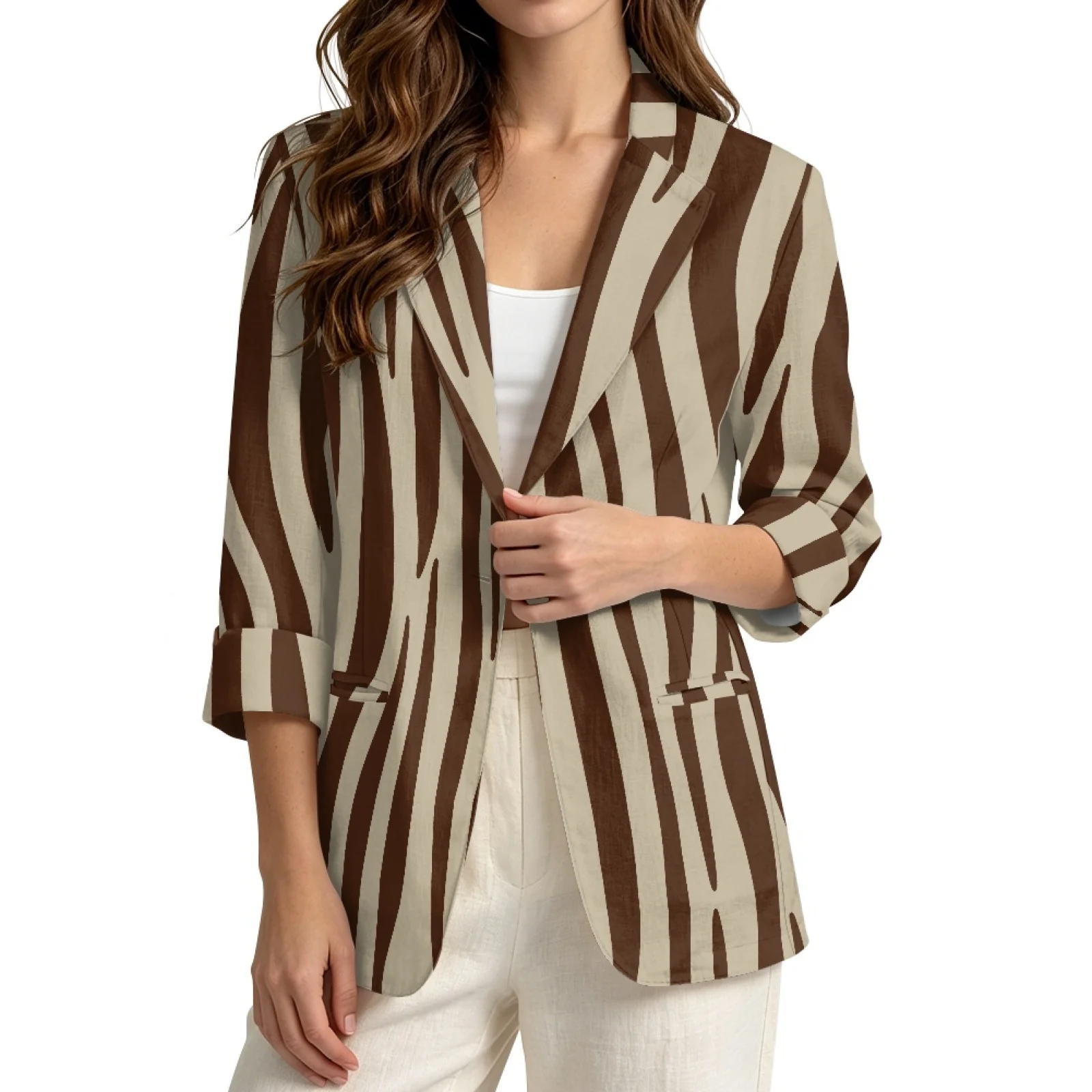 PENSTROLL Brown Zebra Loose Fall Tops for Women Linen Style Daily Shrug Beach Cover Up