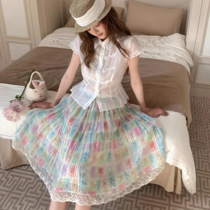 Japanese 2025 Summer New Women's Above Knee Skirt Original Design Colorful Sweet Age-reducing Plaid Floral Pleated Skirts Ladies