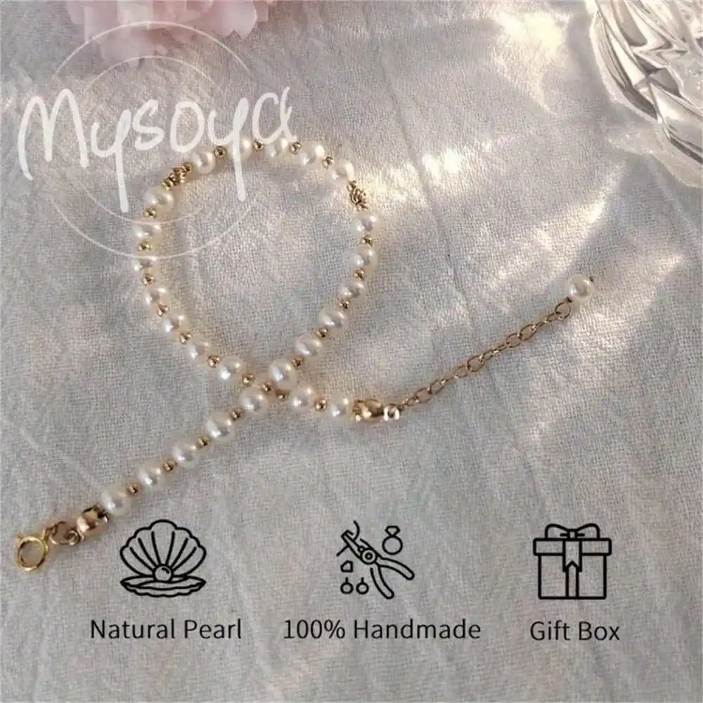 

MYSOYA White Freshwater Pearl Bracelet 5-6mm Pearls Gift Box Gift for Her Wedding Jewelry Christmas New Year Birthday Gift