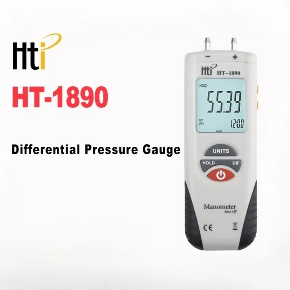 

HTI HT-1890 Манометр газа Ручной цифровой манометр Удержание данных Двухпортовый манометр воздуха HVAC Измеритель тестера газа
