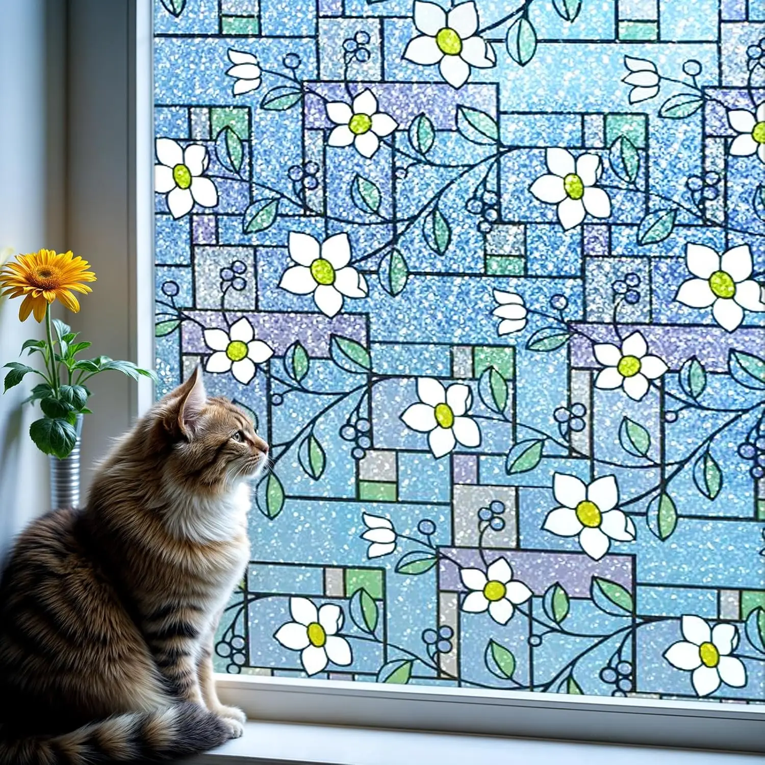 Película para ventana de vitral, patrón de flores de Color, película para ventana de privacidad, película decorativa para vidrio, pegatina Anti-UV para ventana no adhesiva