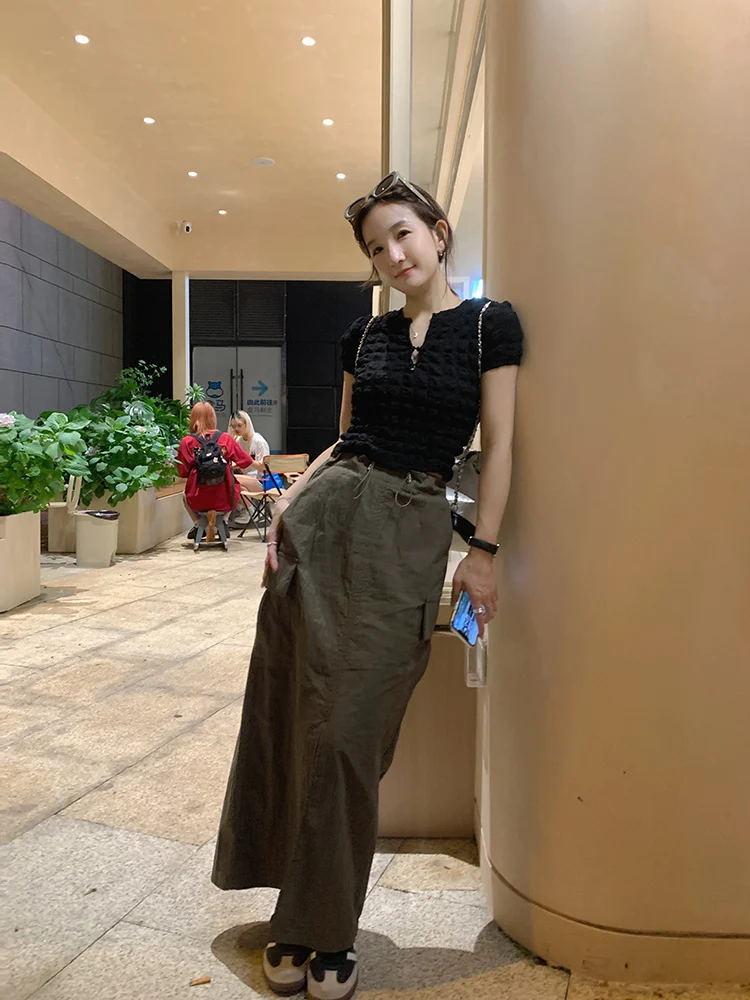 

Street Sle Military een Workwear Skirt High Waist Straight Cut Vintage Aesthetic Long Skirt for Women Summer Season