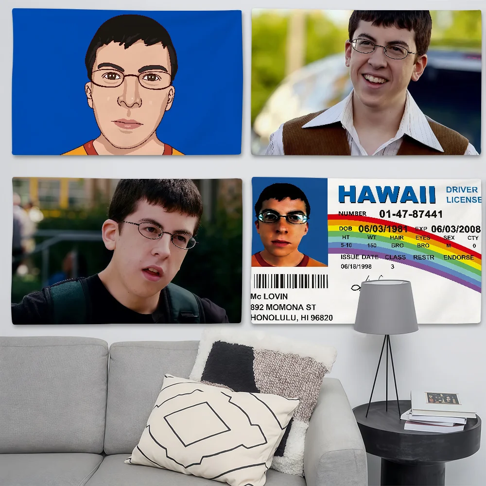 McLovin-Flagge mit Filmfiguren, geeignet für Geburtstagsfeiern, Wohnzimmer, Schlafzimmer und Outdoor-Camping-Dekorationen