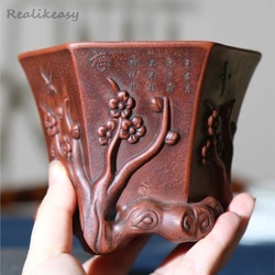 Chinese Yixing Purple Clay Flower Pot Bonsai Pot Handmade Flower Carving Succulent Pot Home Desktop Decoration Flower Pot LH215