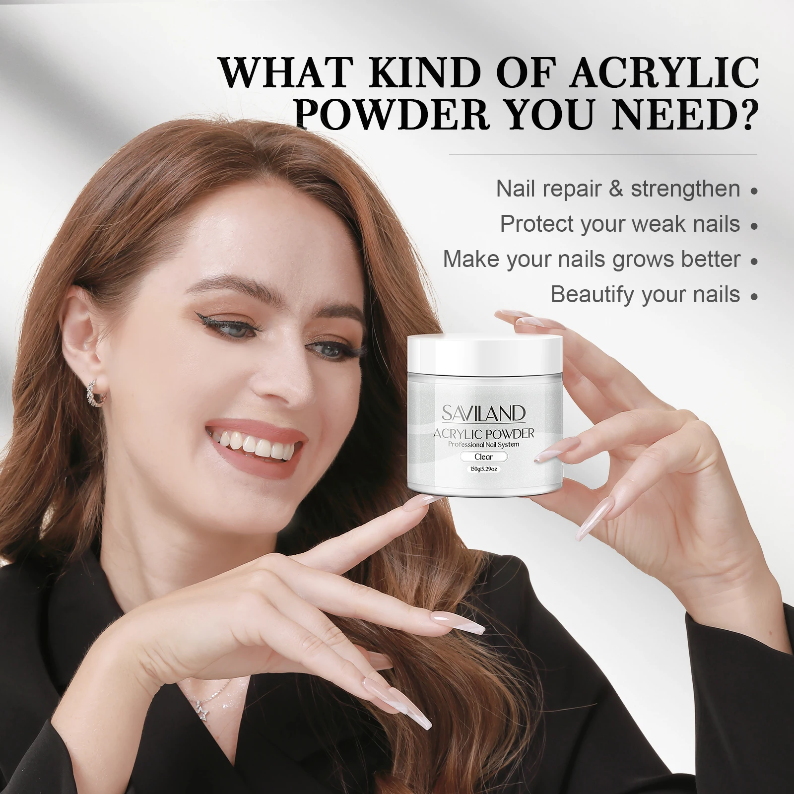 Saviland Polvere acrilica trasparente Polimero per unghie professionale di grande capacità da 5,29 once per intaglio di manicure francese Nessuna lampada necessaria