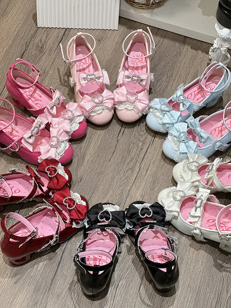 Japanese Showa Original Ji Lolita Bow Hollow Love High Heels Women Sweet Gorgeous Mary Jane Shoes Gal Ancient Flavor Lo Shoes