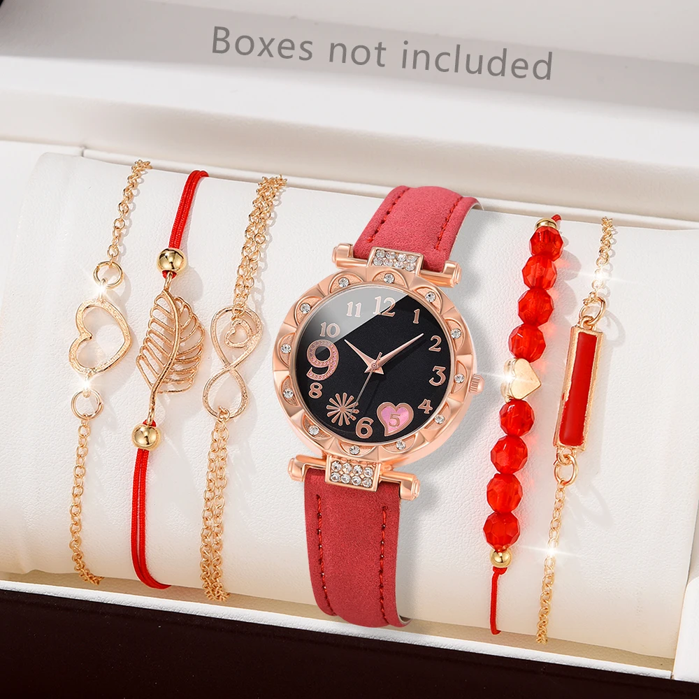 6pcs/Set Red Women Watch Fashionable Minimalist Dial Quartz Wristwatch Alloy Wheat Ear Element Watch Jewelry Set Gift For Her