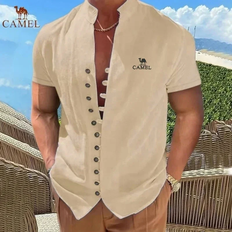 Chemise rétro camel brodée pour homme, chemise à manches courtes, chemise rétro, chemise chimfashion décontractée, t-shirt cool et respirant, haut d'été, nouveau, 100% coton