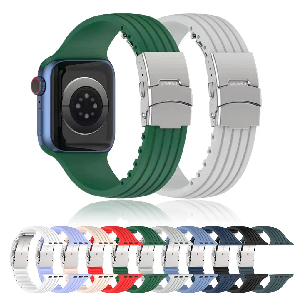 Silikon-Streifenband für Apple Watch Armband 49 46 42 45 41 44 40 mm Metallschnallenarmband für iWatch 11 10 9 8 7 6 5 4 SE Ultra 3