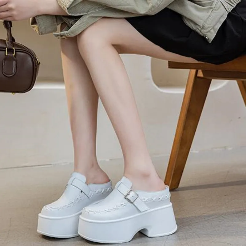 

11CM New Women Genuine Leather High Brand Platform Wedge Flats 2026 Summer Chunky Sneakers Slippers Comfy Peep Toe Fashion Shoes