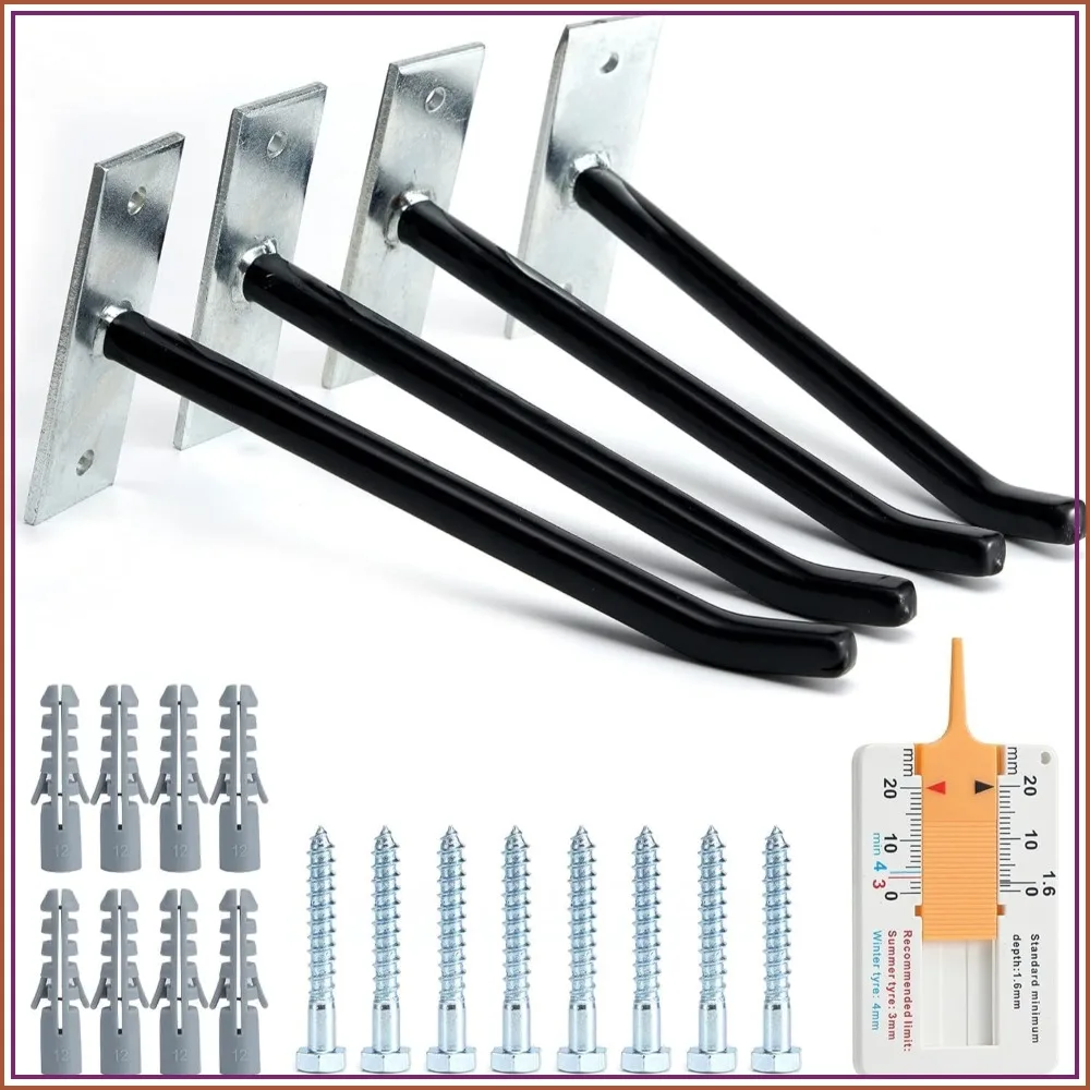 Heavy Duty Tire Hooks, 4 Pack - Wall Mount Garage Storage for Wheels, Ladders & Bikes, 50kg Capacity