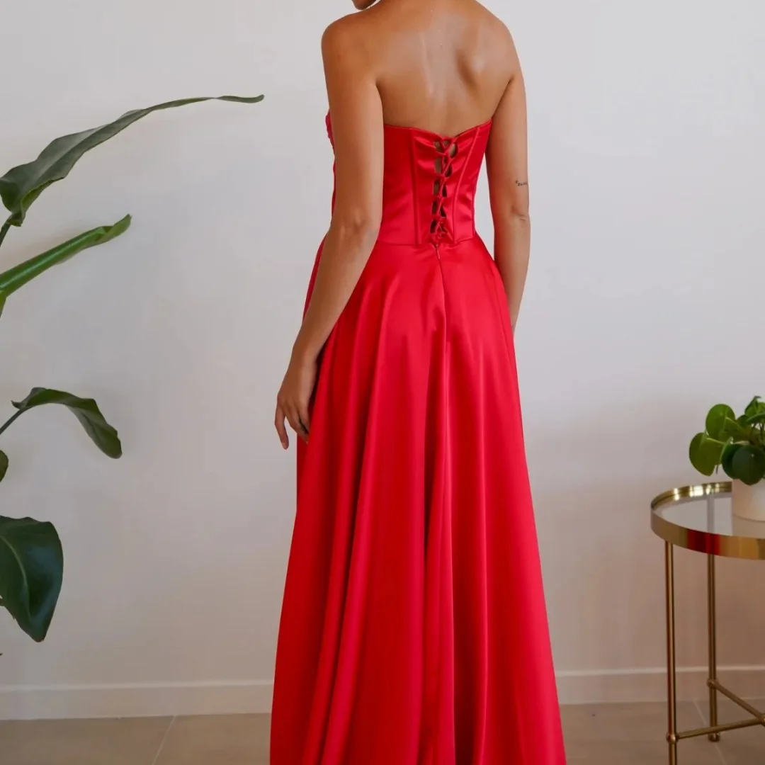 Bella personalizado vermelho sem alças espartilho cetim vestido longo robes de soirée alta fenda elegante vestidos de festa elegante vestido de baile 2025