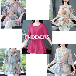 Drawstring Waist Shirring Tops 2024 Summer Women Ruffles Floral Print Shirts Lace-Up Bow Tie Retro Vintage Peplum Top Blouses