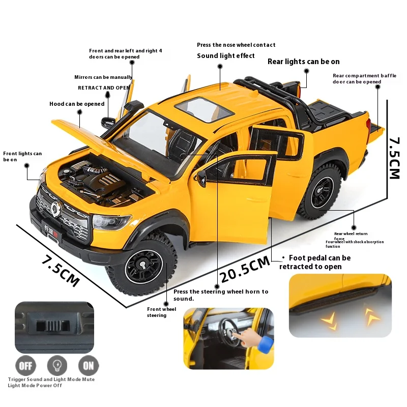 1:24 Great Wall Motor GWM Cannon POER Off Road SUV Alloy Diecast Car Model Sound & Light Children's Gift Decoration Present Boy