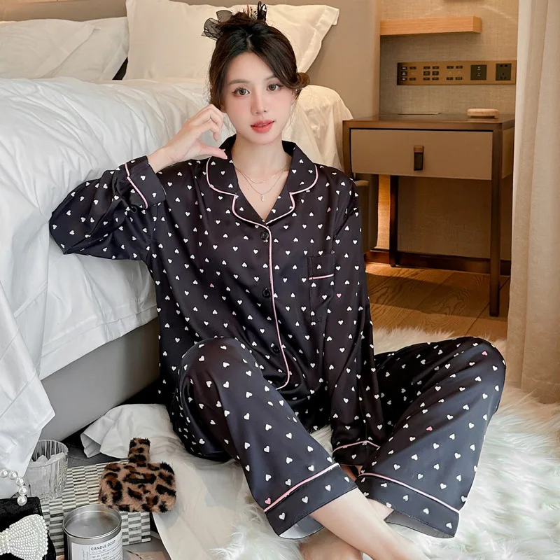 New Ice Silk High-End Fashion Lapel Pajamas for Women, Long Sleeve and Long Pants, Small Heart Homewear Lingerie Set