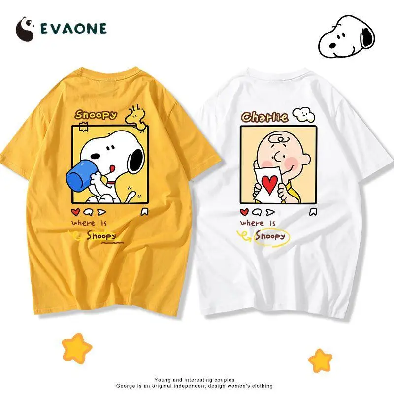 

Новинка Kawaii Snoopy аниме мультфильм Милая хлопковая футболка с коротким рукавом летняя свободная парная Студенческая кофта для кампуса