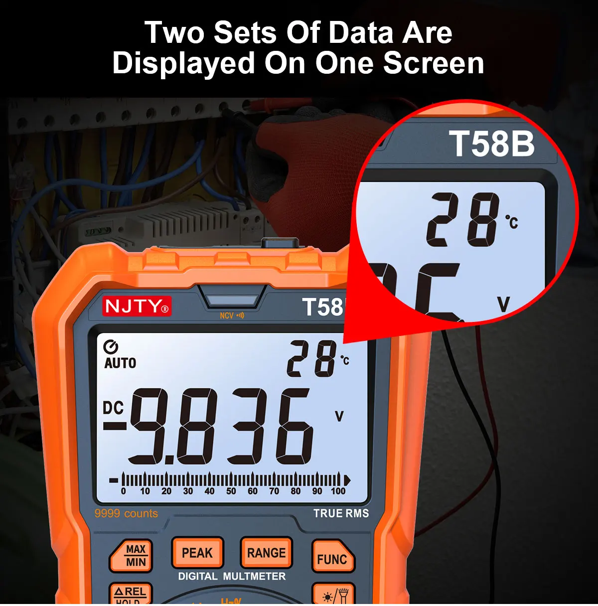 NJTY T58B T58C Induktivitäts-Digitalmultimeter, automatischer Bereich 9999 Zählungen, Spannung, Strom, Kapazität, LED, intelligente Hintergrundbeleuchtung, großer Bildschirm – Detail 9