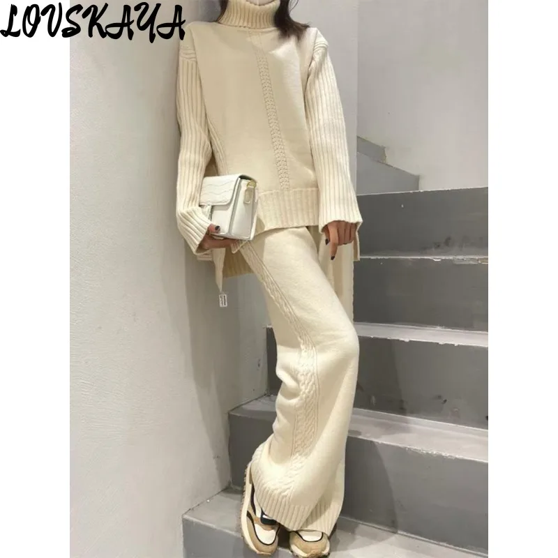 

High necked sweater wide leg pants fashionable and casual two-piece set new thick needle knitted set for women